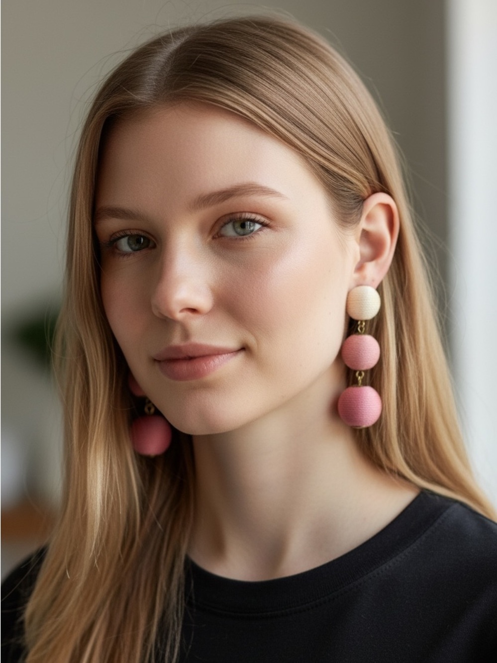 New York & Company Pink Ombre Triple Ball Drop Earrings New - Picture 2 of 3